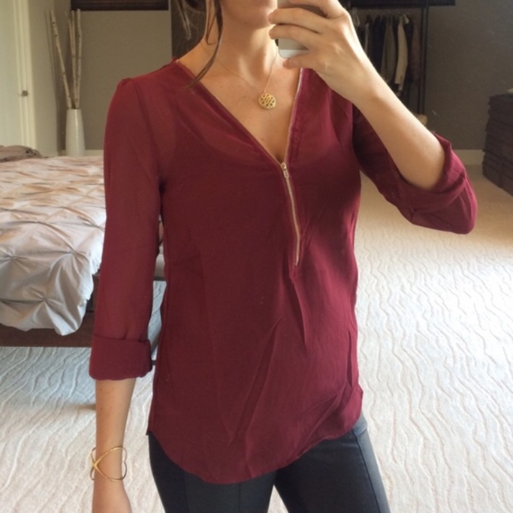 Red sheer zip blouse